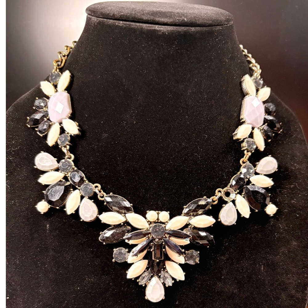 Statement Bib Necklace Women's Monochrome Black White Floral Cluster Gem